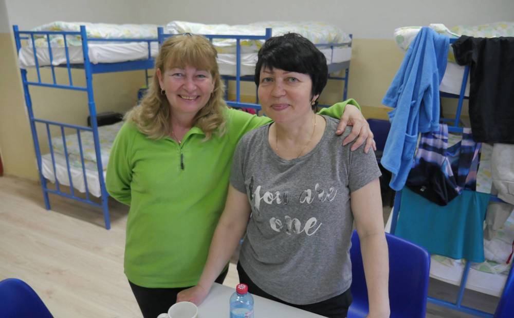 Sisters Antonina and Natasha Titova at a hostel for Ukrainian refugees in Presov University, Slovakia.