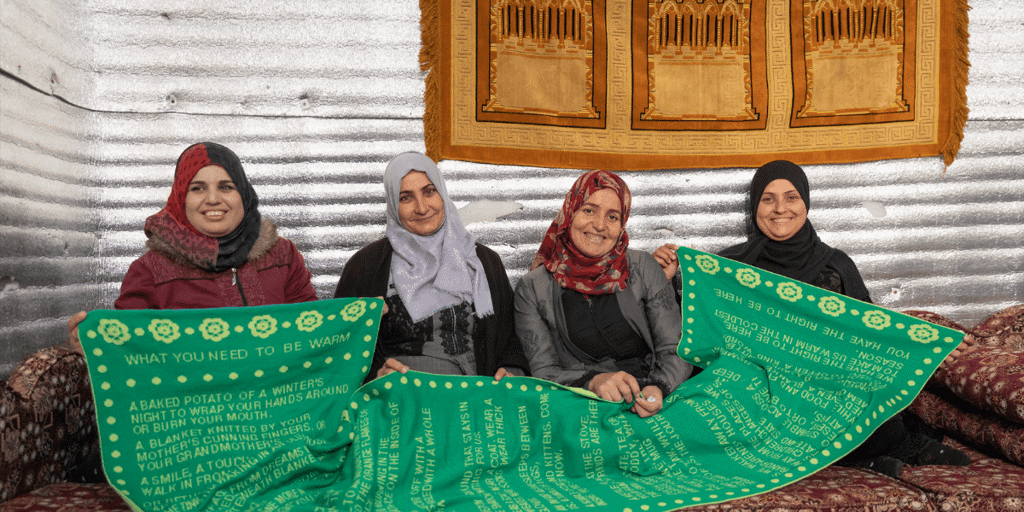 Samira, Itidal, Kholoud and Samaher, Syrian refugees living in Azraq camp in Jordan. They are part of the SEP Jordan artisan collective which is supported by UNHCR’s MADE51 livelihoods programme to help refugees access global markets with the crafts they produce. 