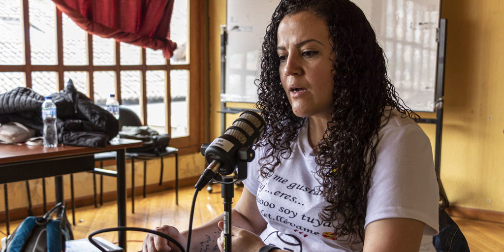 Ecuador. Venezuelan refugee and LGBTIQ+ activist, Yeraldine Cabrera, records a podcast