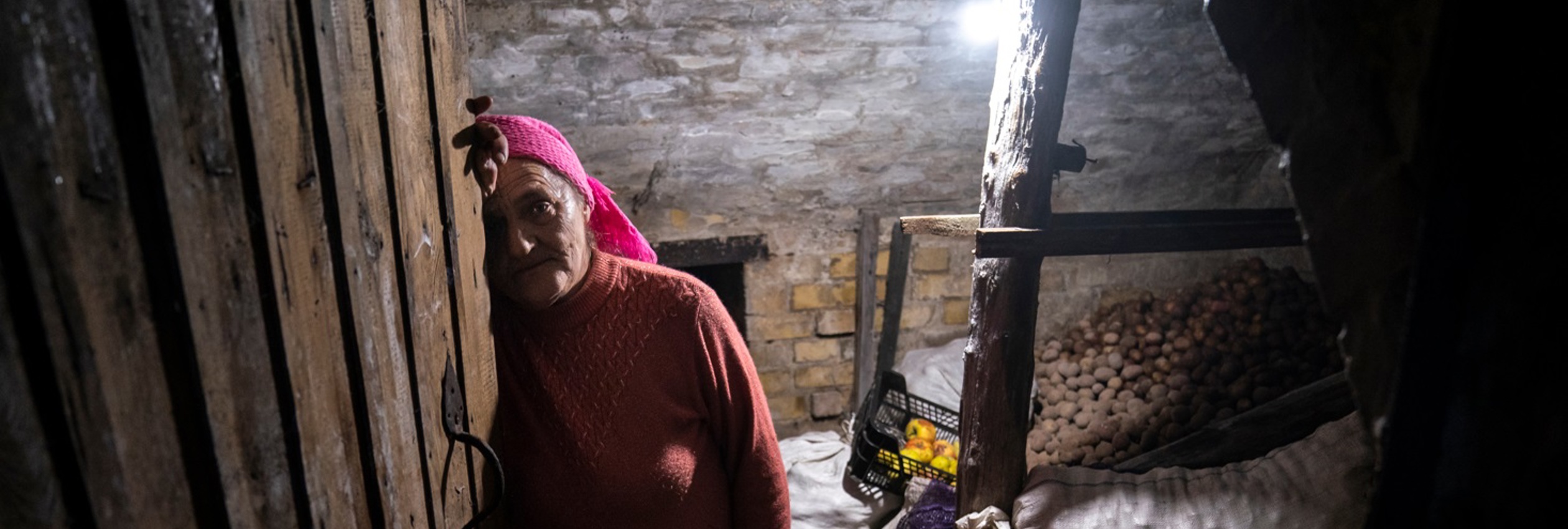 Liudmyla, 70, stands in her potato cellar, where she sheltered for a month during intense fighting.