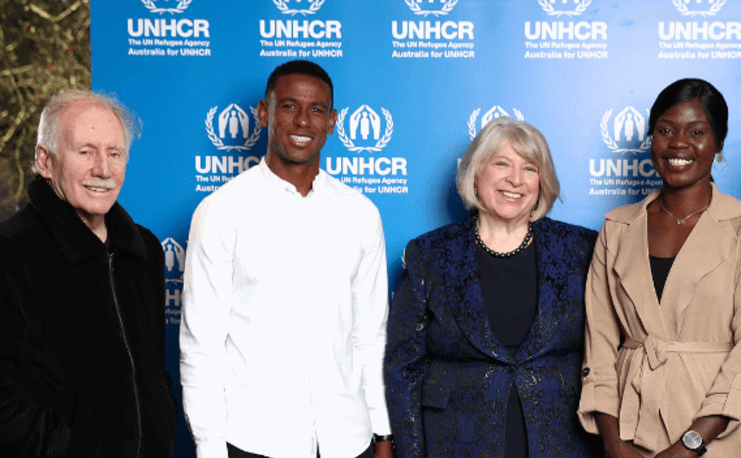 Akec with Cricket legend Ian Chappell, Australian soccer player Golgol Mebrahtu, and Australia for UNHCR National Director Naomi Steer at the annual World Refugee Day luncheon